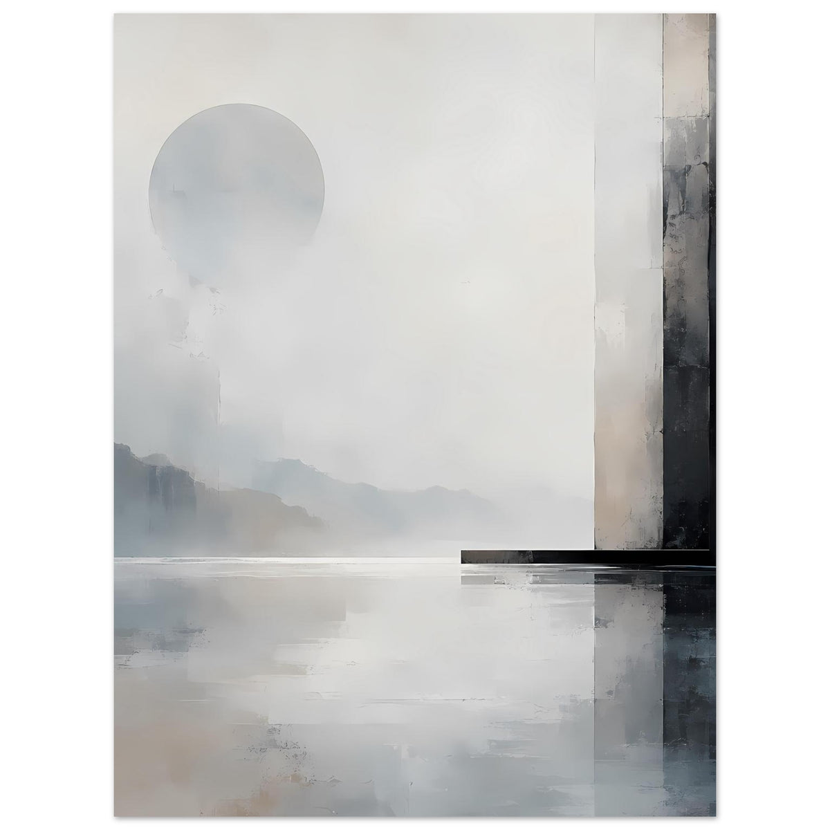Monochromes Landschafts-Poster mit hellem Kreis, weichen Bergformen, horizontaler Wasserfläche
