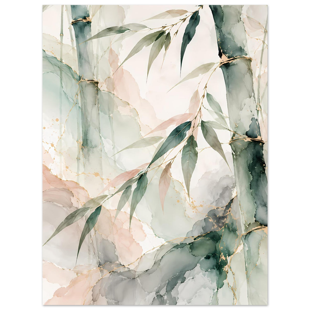 Naturposter im Hochformat mit Aquarell-Bambus und Blattzweigen, sanfte Grün-Grau-Beige-Mischung