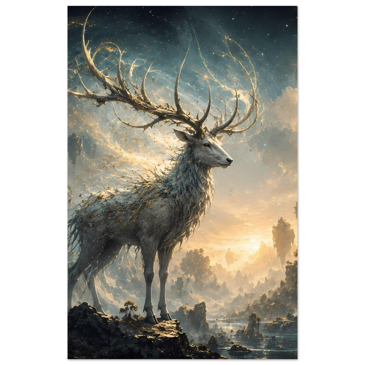 Hochformat-Poster mit Hirsch im Fantasy-Stil, Geweih weit nach oben, schlanke Beine