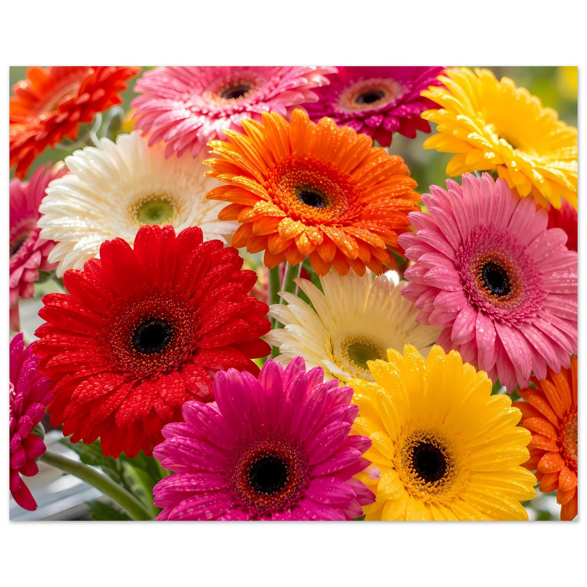 Gerbera-Blumenposter mit bunten Gerberablüten in Rot, Pink, Gelb, Orange und Weiß