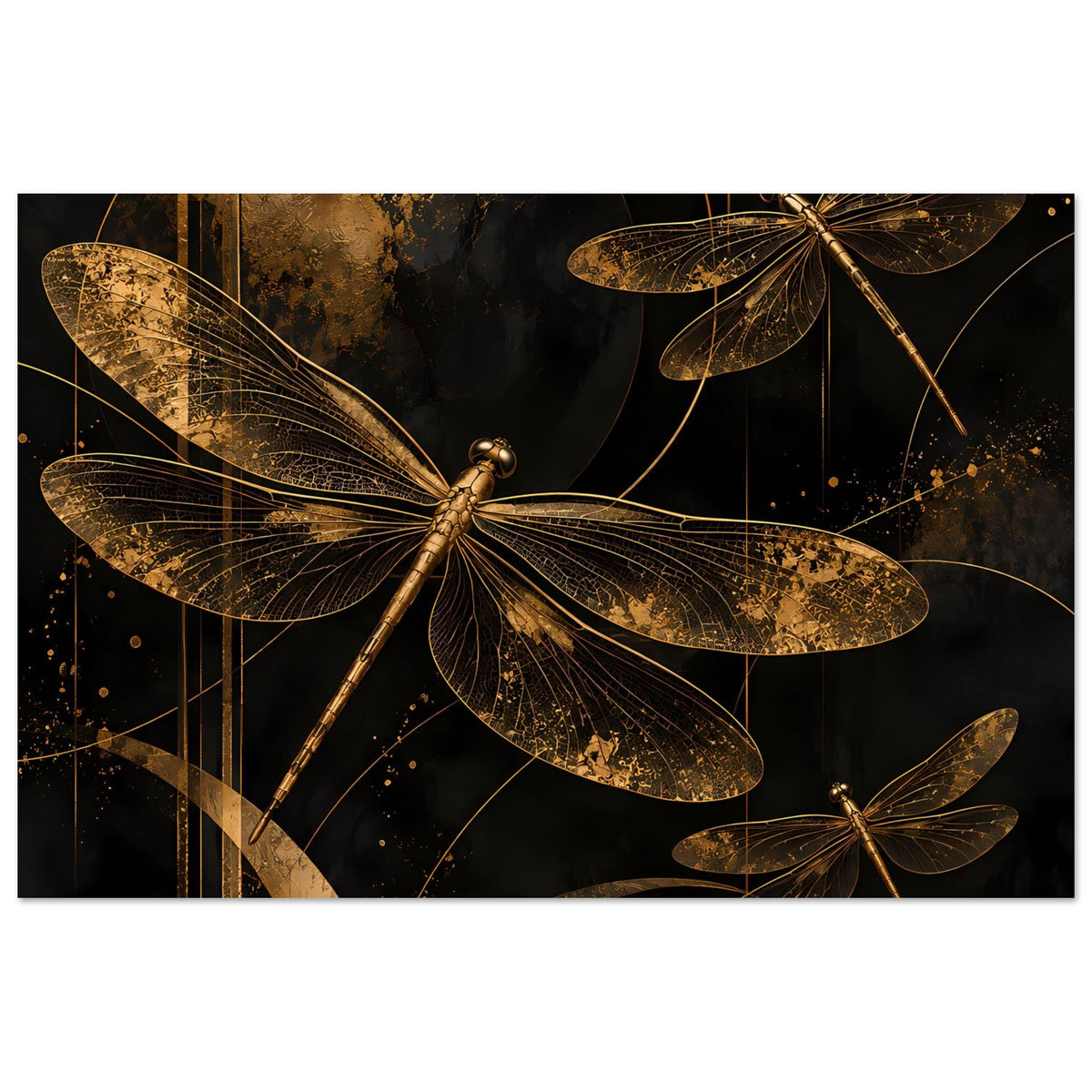 Wandposter mit goldenen Libellen, goldene Sprenkel und Linien über dunklem Hintergrund