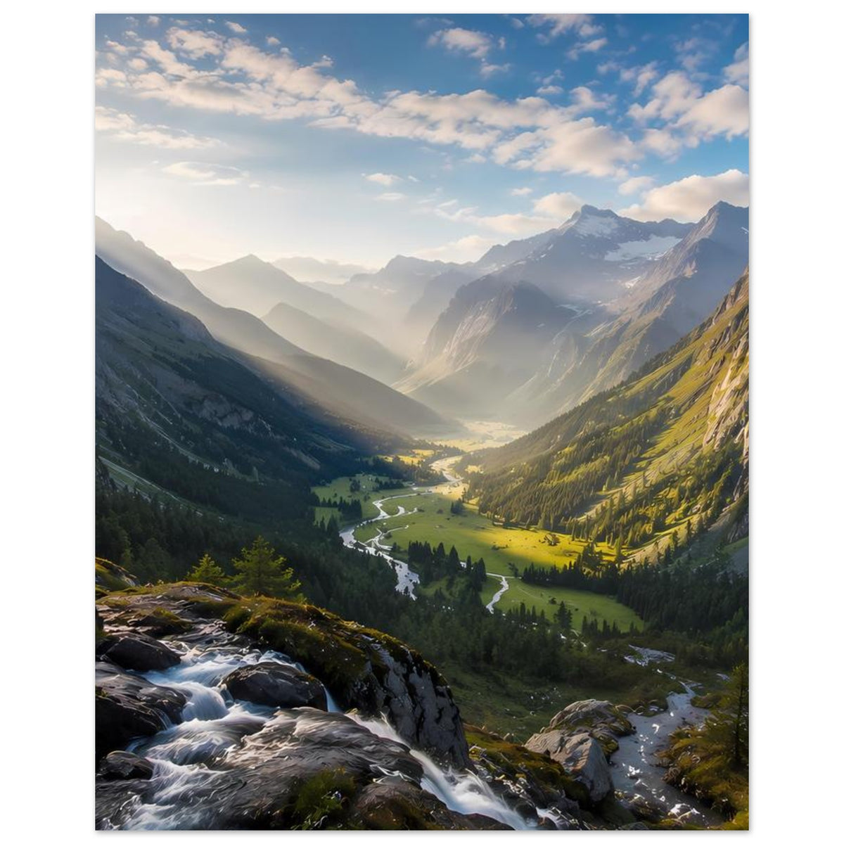 Poster im Hochformat mit Alpenpanorama, sonnigem Tal und Bach in steiniger Schlucht