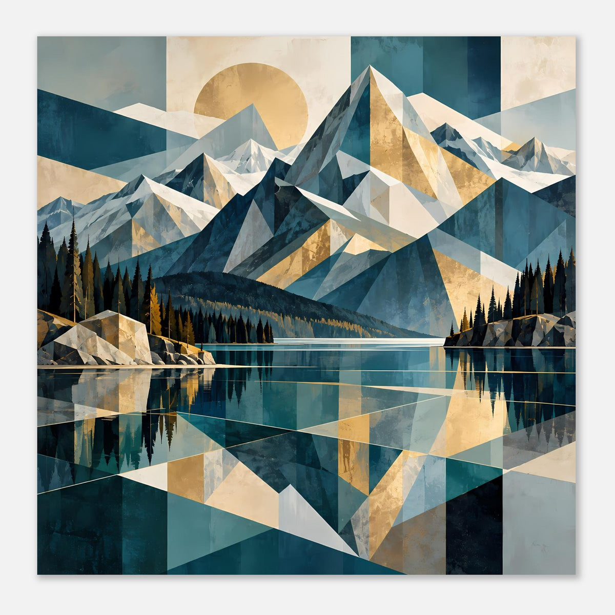 Quadratisches Poster-Layout mit geometrischen Bergen und Reflexion im See, Blau- und Beigetöne