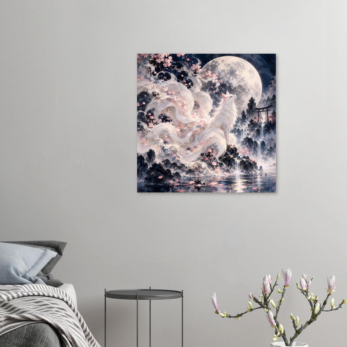 Kleines Fantasy-Poster mit weißem Fuchs, Vollmond, Kirschblüten und Wasserreflex