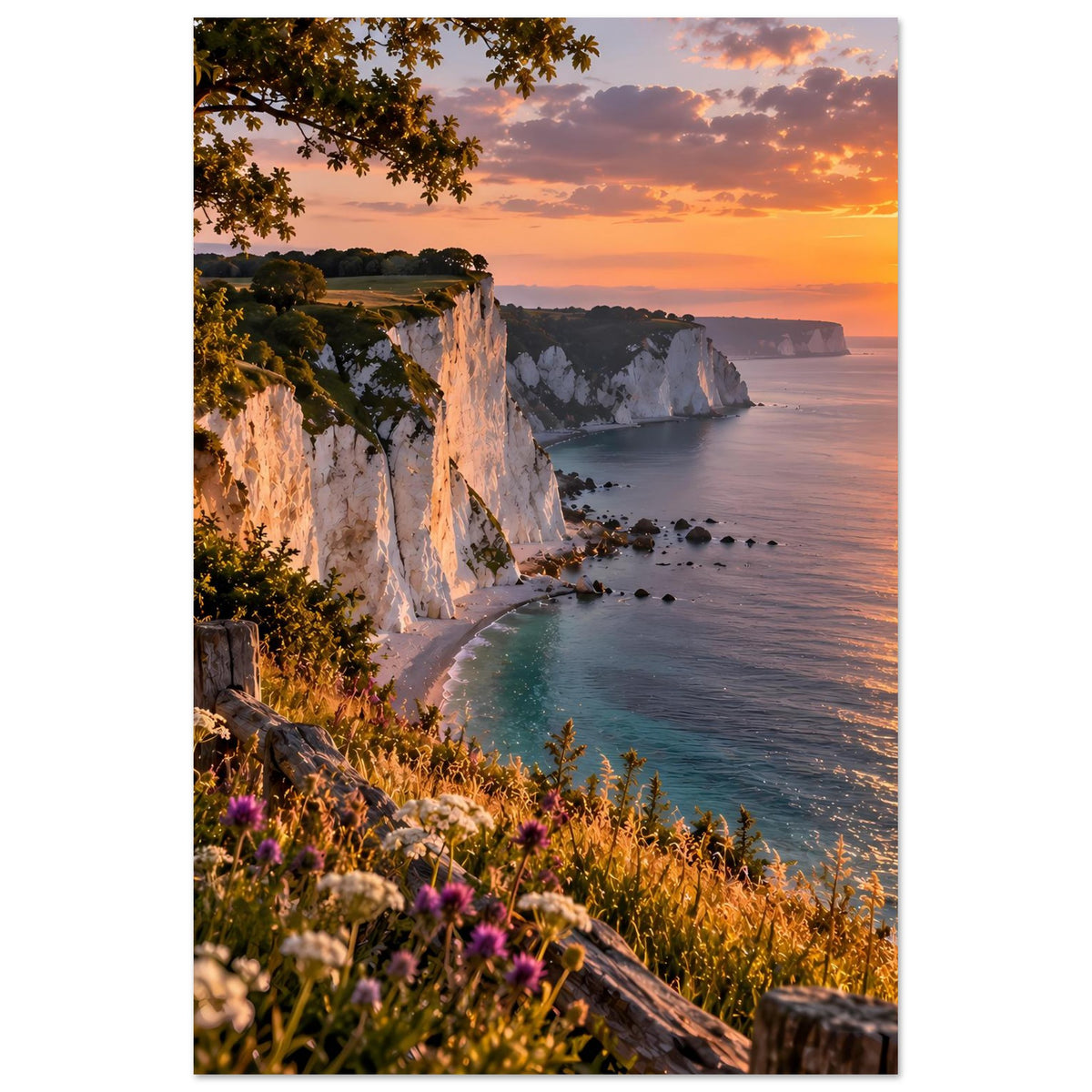 Vertikales Poster mit Küstenklippen aus Kreide und blühender Vegetation am Meer bei Abendsonne