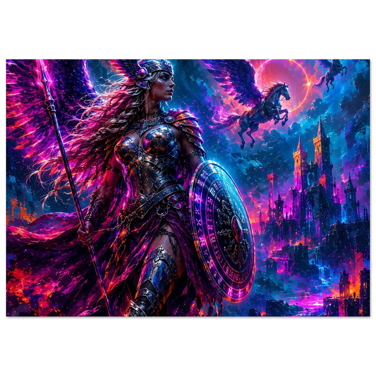 Fantasy-Poster mit Valkyrie-Kriegerin in leuchtender Rüstung, Schwert und Schild