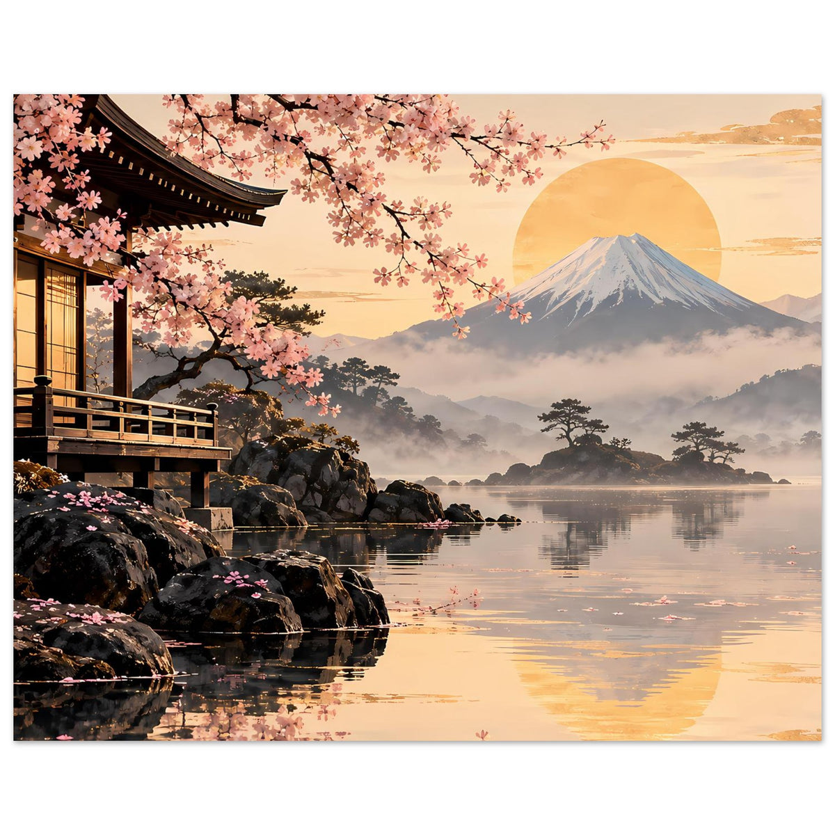 Poster mit Kirschblüten, Pagode, dunklen Felsen am Ufer, Berg und goldenem Mond