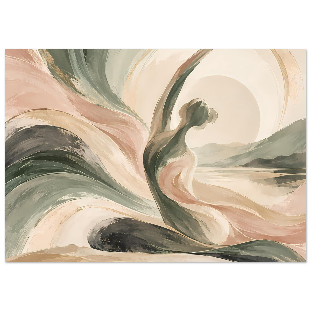 Abstraktes Kunstposter mit Wasser-/Wellenanmutung in Creme, Grün und dunklem Grau, horizontal