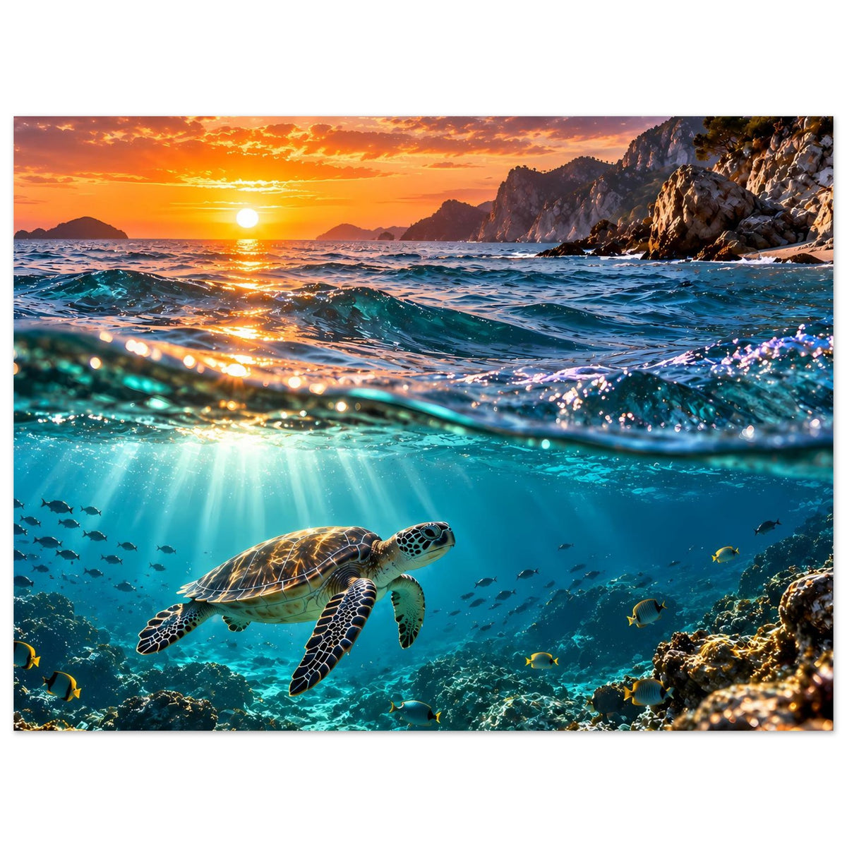 Schildkröte im Meer beim Sonnenuntergang, Wandposter im Querformat
