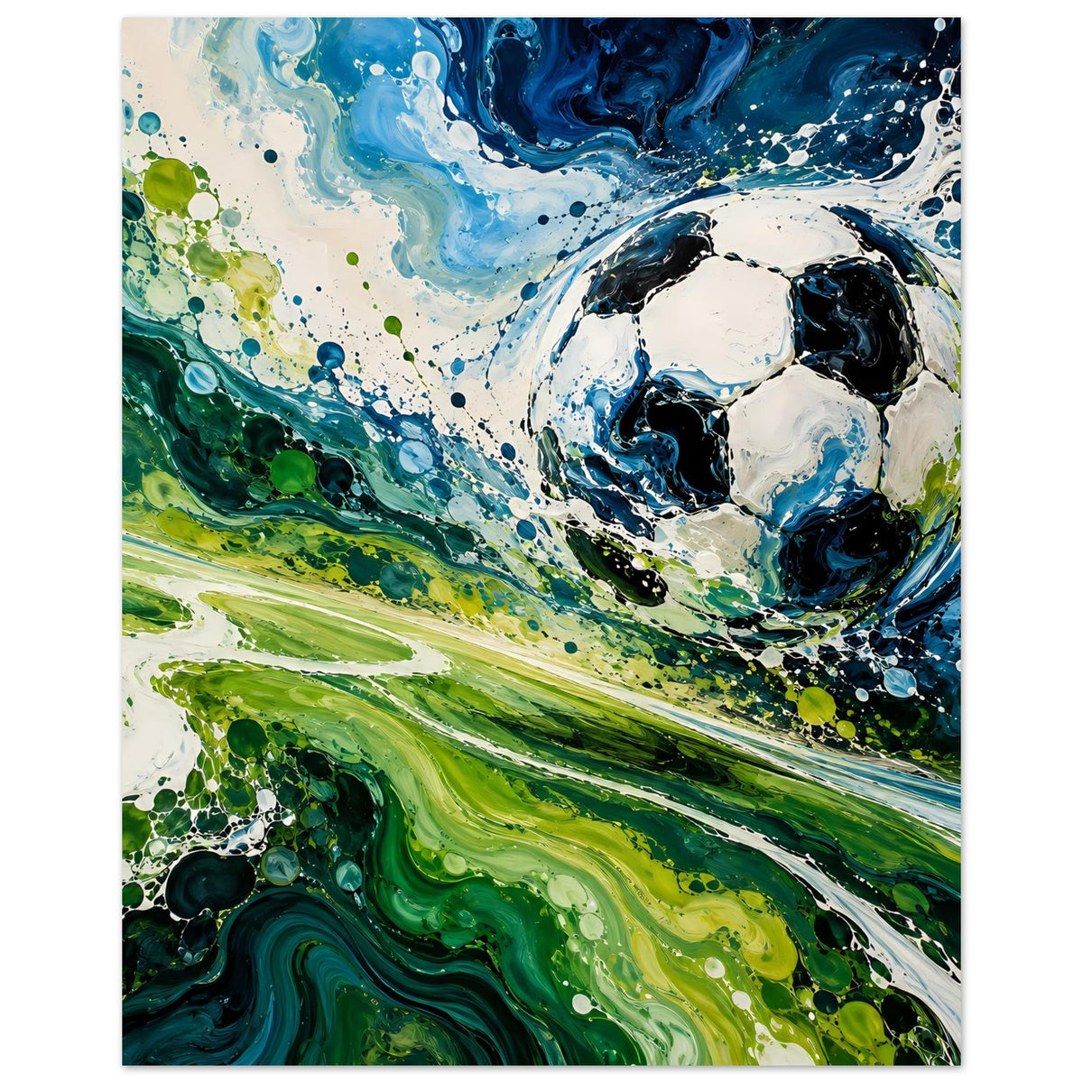 Kunstdruck im Hochformat mit abstraktem Fußballmotiv in Blau, Grün und weißen Spritzern