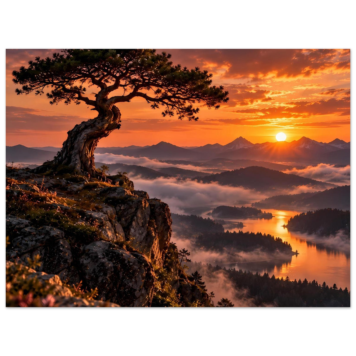 Poster mit Landschaftsmotiv: knorriger Baum auf Felsvorsprung, orangefarbener Himmel und See