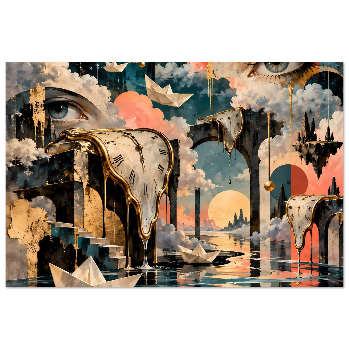 Surreales Poster mit schmelzender Uhr, Augen und Papierschiffen im Wasser mit Farbverlauf