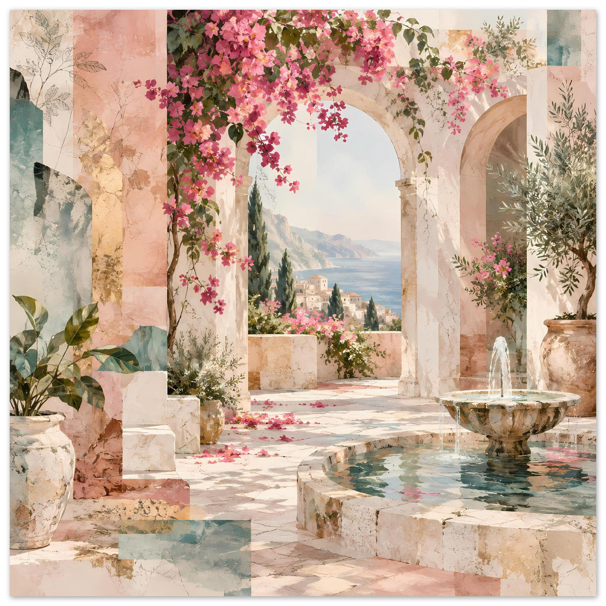 Kunstposter: mediterrane Terrasse mit rosa Blüten, Arkaden und Brunnenbecken.