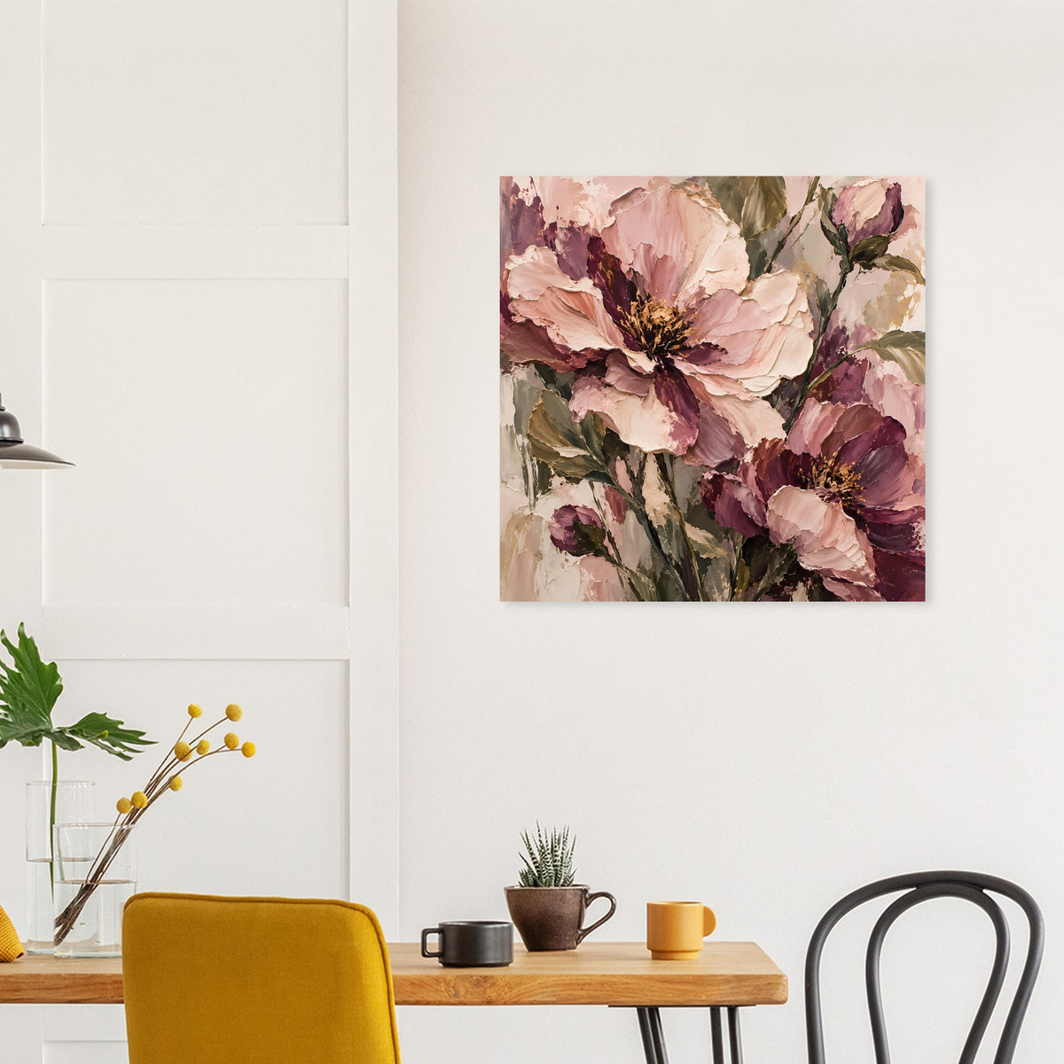 Quadratisches Blumenposter in Rosa, Mauve und Beige mit Blüten und Blättern