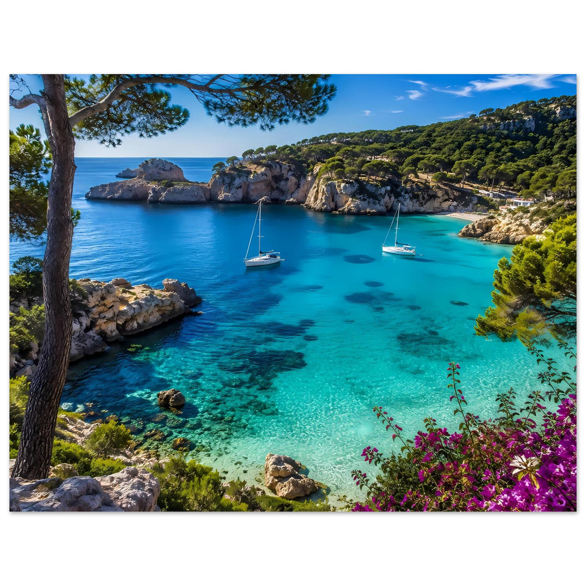Gedrucktes Poster im Querformat mit türkisblauem Meer, Küstenfelsen, Segelbooten und pinken Blumen.