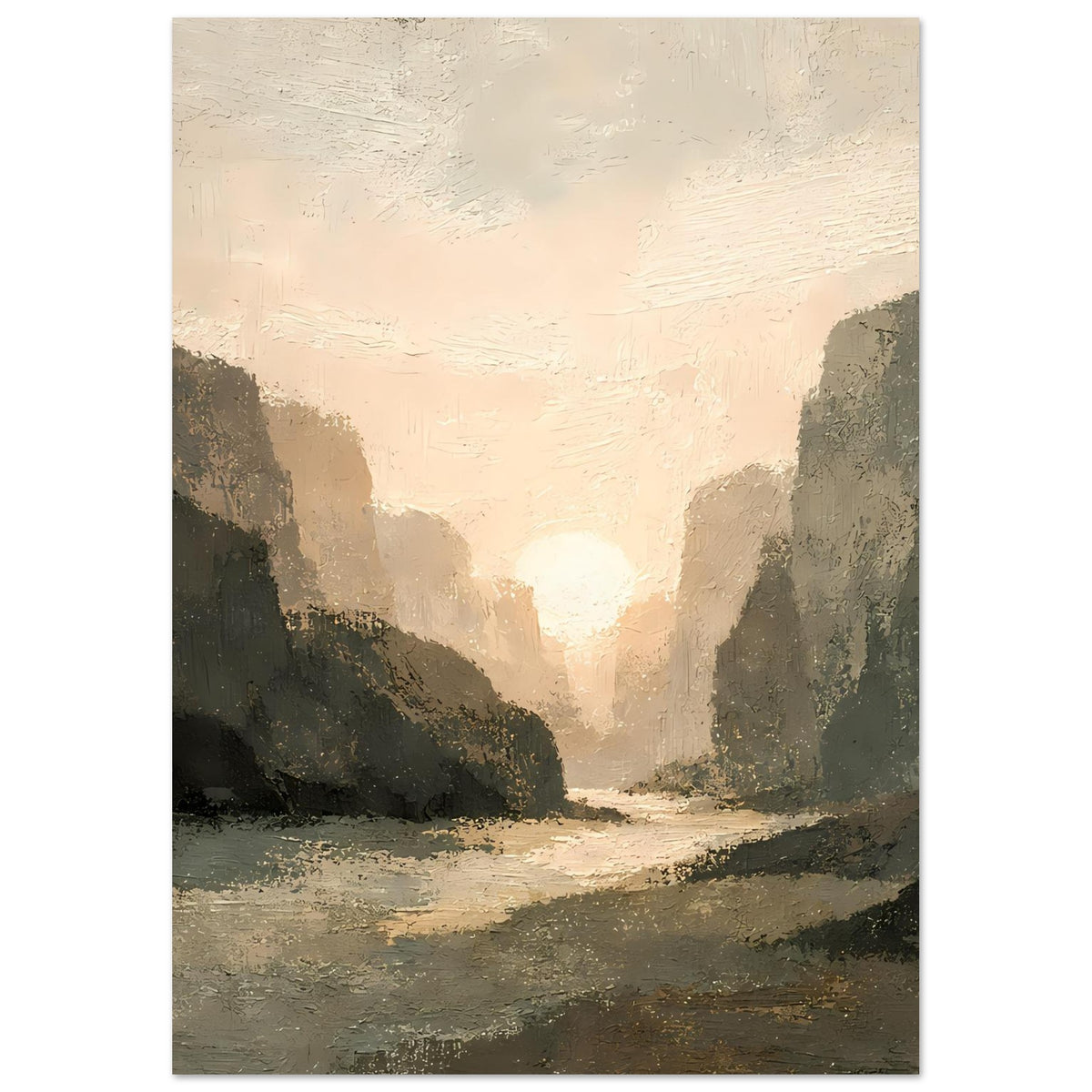 Poster Sonnenuntergangs-Landschaft im Hochformat: goldene Sonne, dunkle Schlucht, sandiger Weg