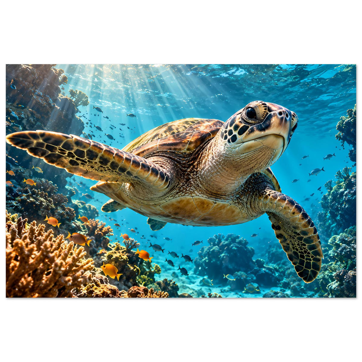 Meeresschildkröten-Poster im Querformat: Schildkröte schwimmt Richtung Betrachter vor Korallen
