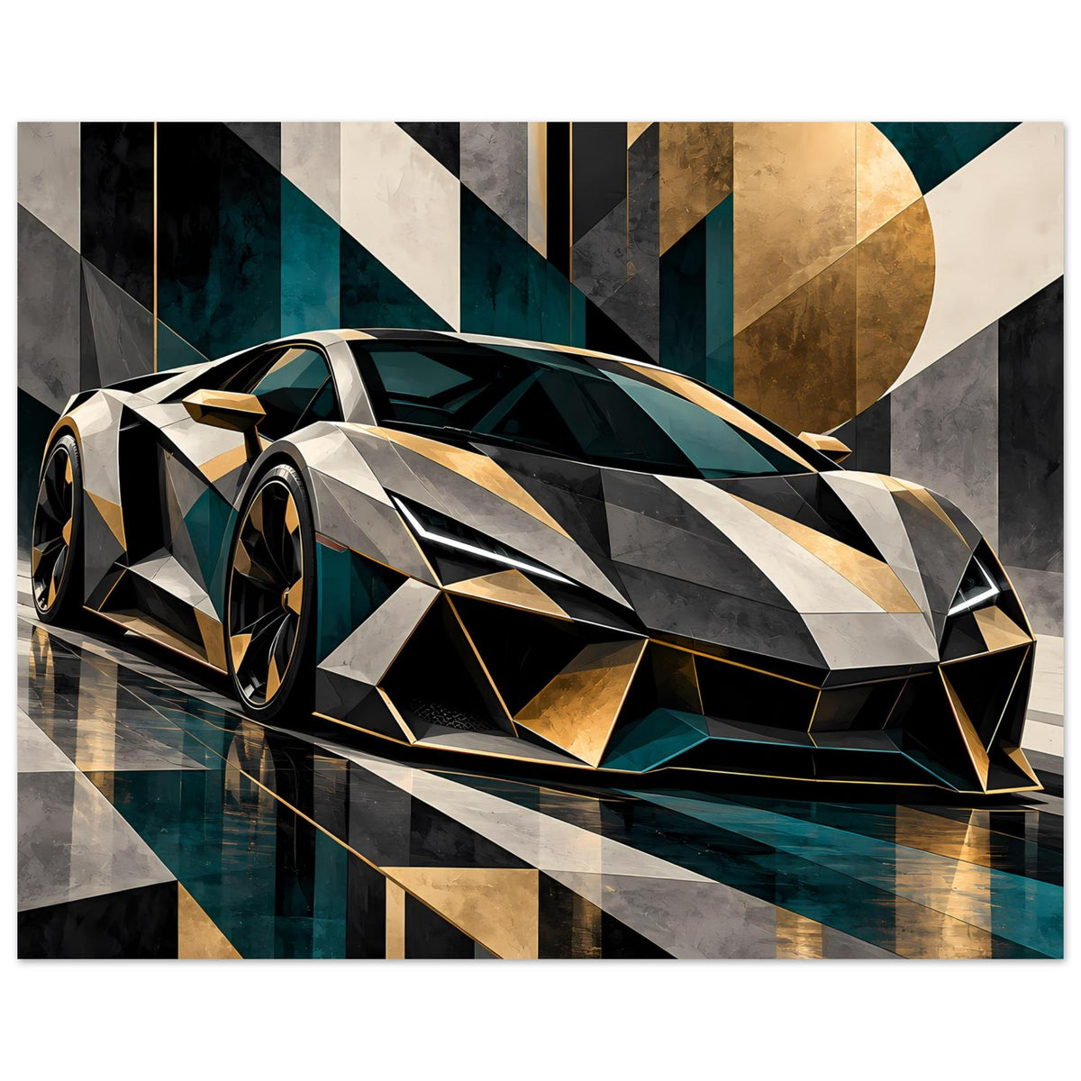 Autoposter mit Sportwagen-Front 3/4: silber-schwarzer Look, goldene Akzente, Petrol