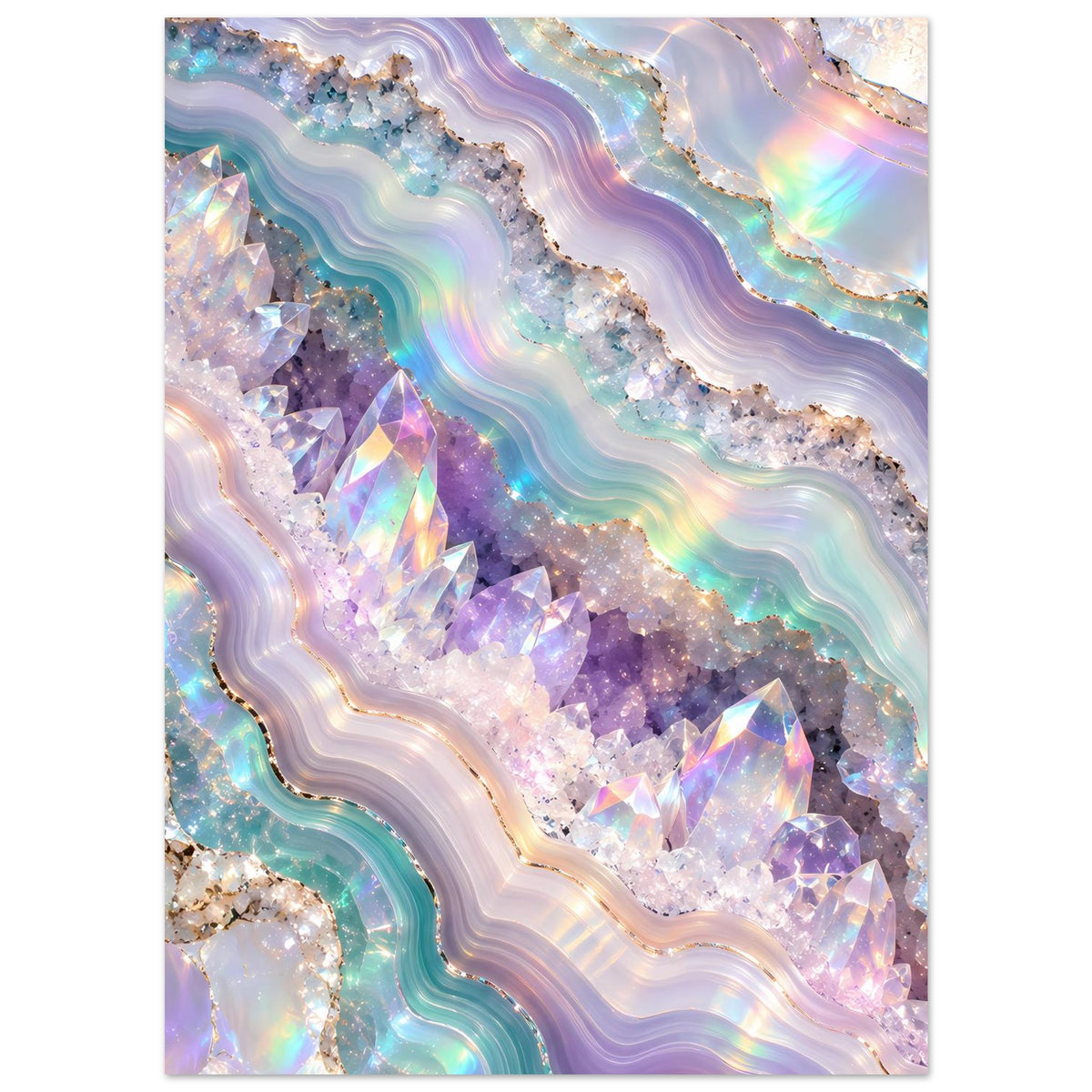 Holografisches Kristall-Geodenposter, vertikal: violette Kristalle mit irisierenden Highlights