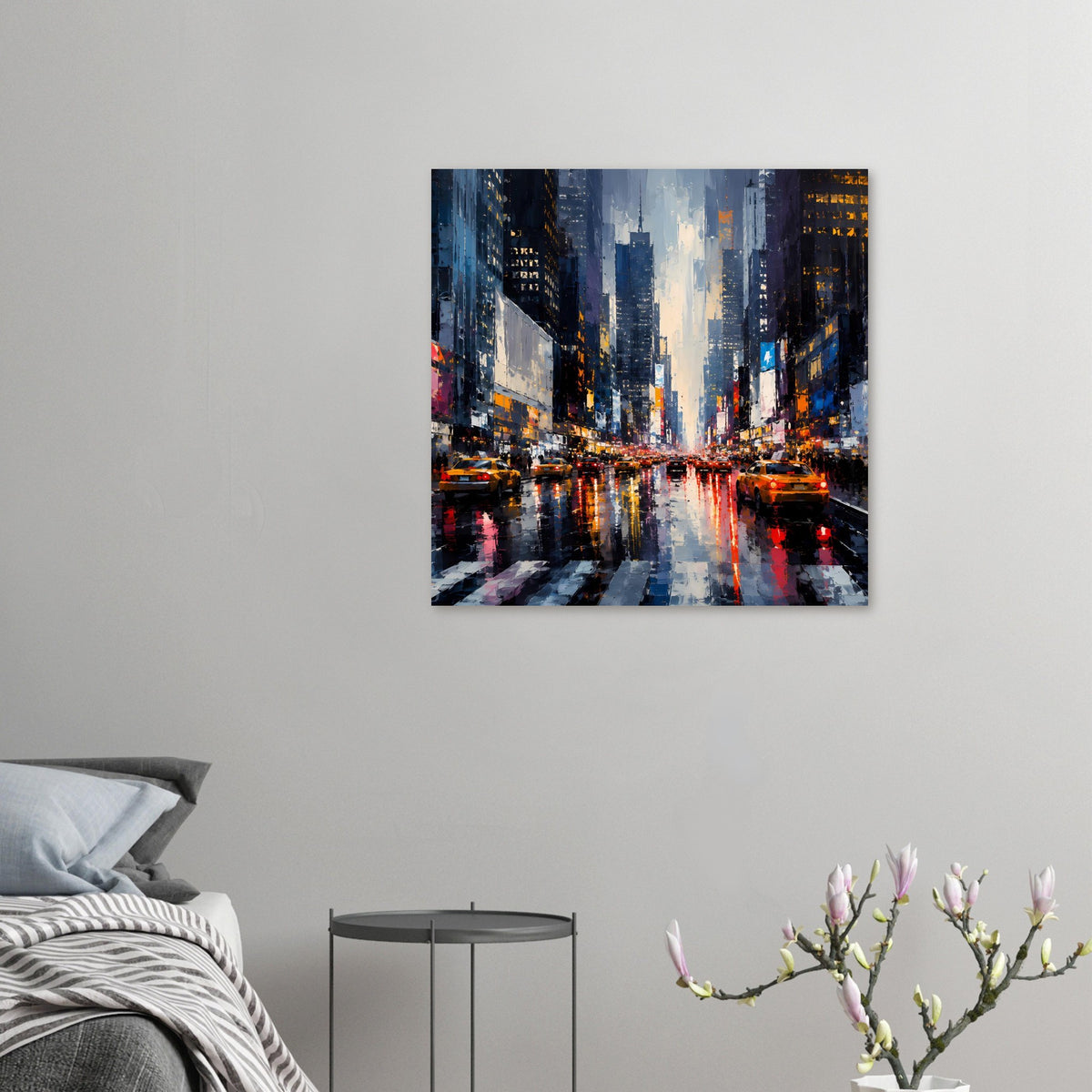 Kleines Stadtposter mit regennasser Straße, Hochhäusern und reflektierenden Lichtern im Verkehr