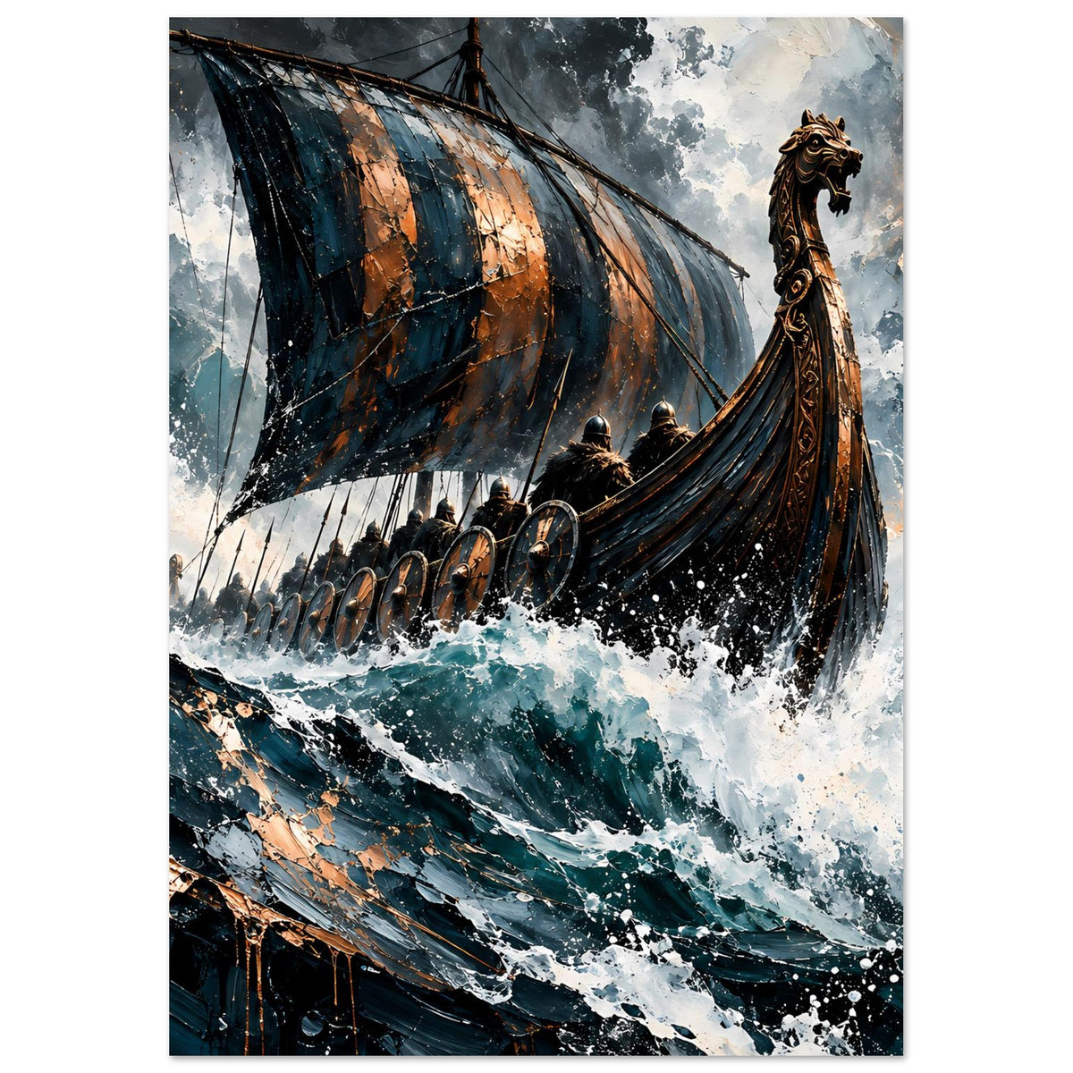 Hochformat-Poster mit Wikinger-Langschiff, wehendes Segel, Besatzung im Drachenkopf-Bug