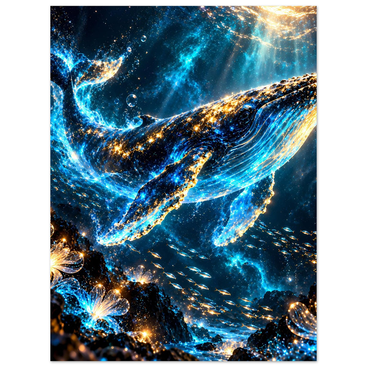 Leuchtendes Meerposter im Hochformat: Wal mit goldenen Lichtpunkten, blaue Strömungen und Blasen