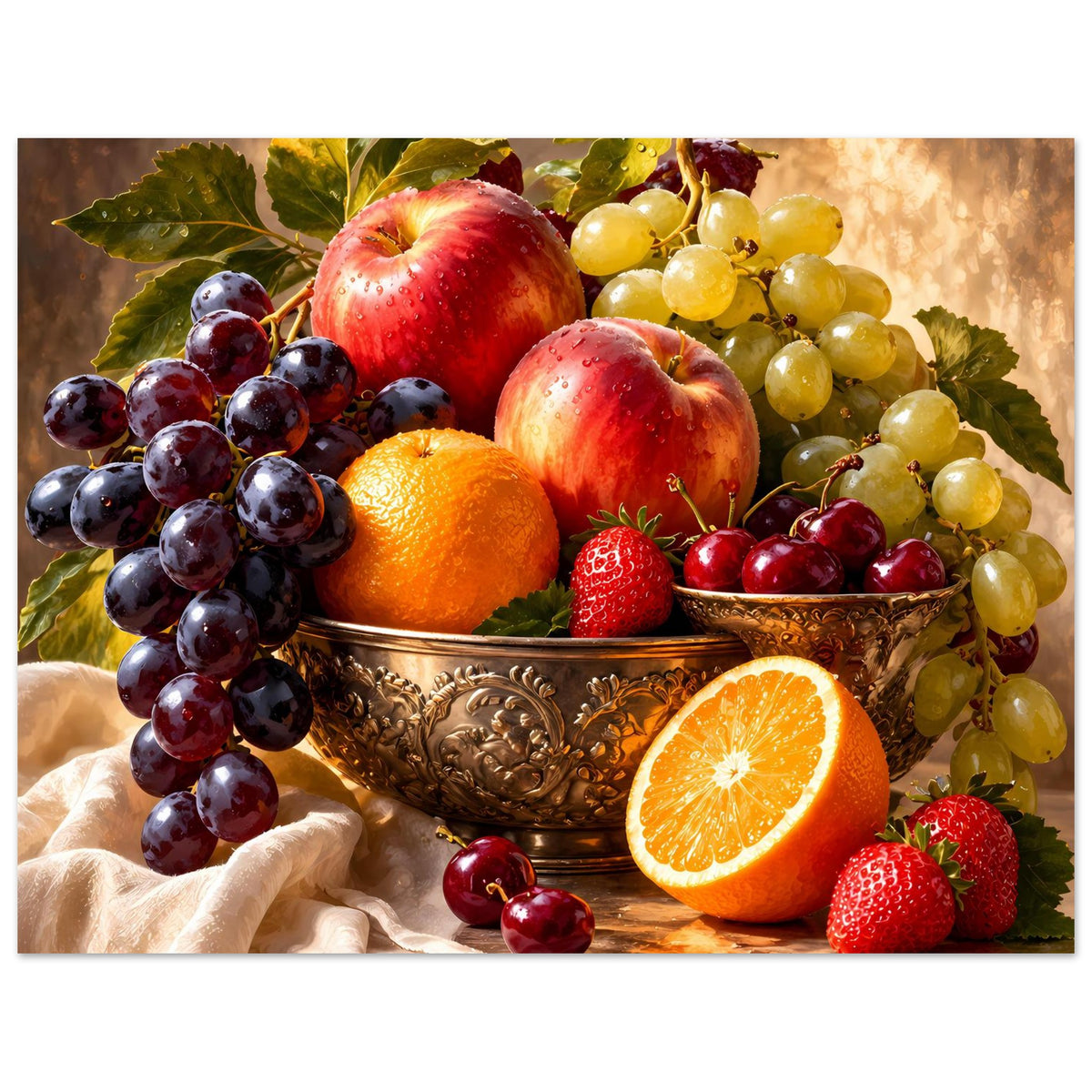 Stillleben-Poster: Obstschale mit Trauben, Apfel, Orange und Erdbeeren im Vordergrund