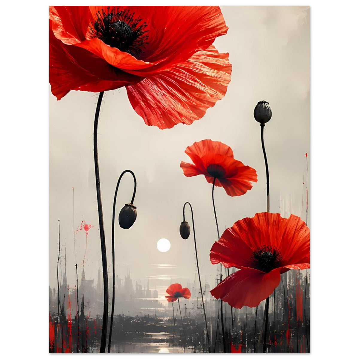 Poster mit roten Mohnblumen und schwarzen Stielen, große Blüte oben rechts