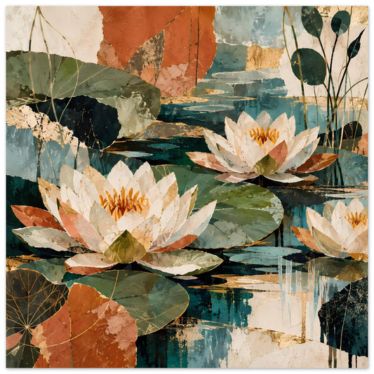 Botanisches Poster mit Wasserlilien, Blüten in Creme und Orange sowie grüne Blätter, abstrakt