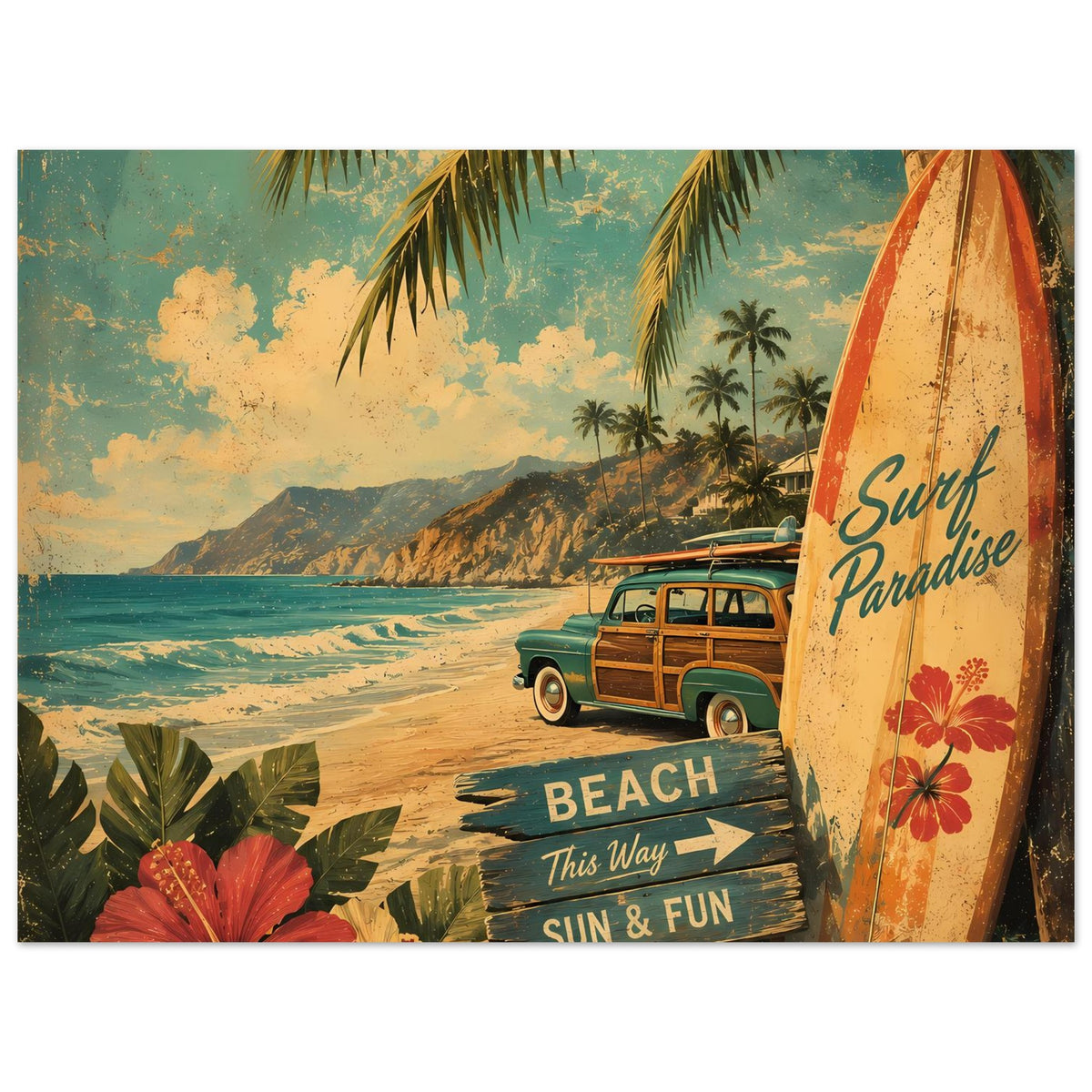 Vintage-Poster: Palmen, Sandstrand, Surfbord rechts, Van und Wegweiser „SUN & FUN“
