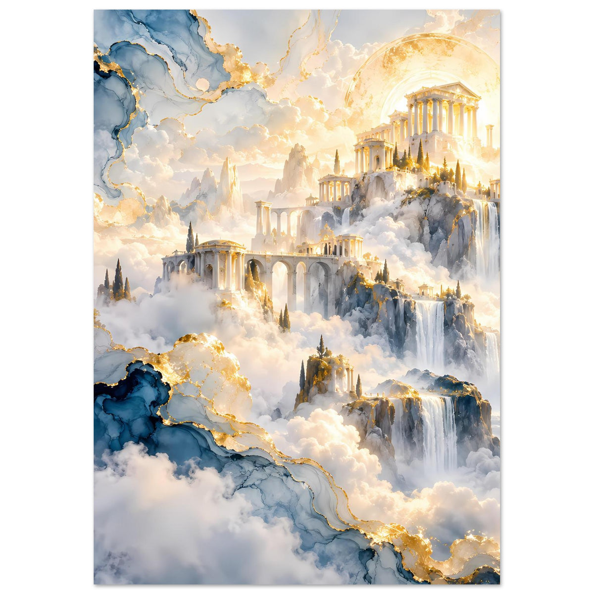 Hochformat-Poster mit blauem Gewölk, goldenen Linien, schwebenden Tempeln und Wasserfällen