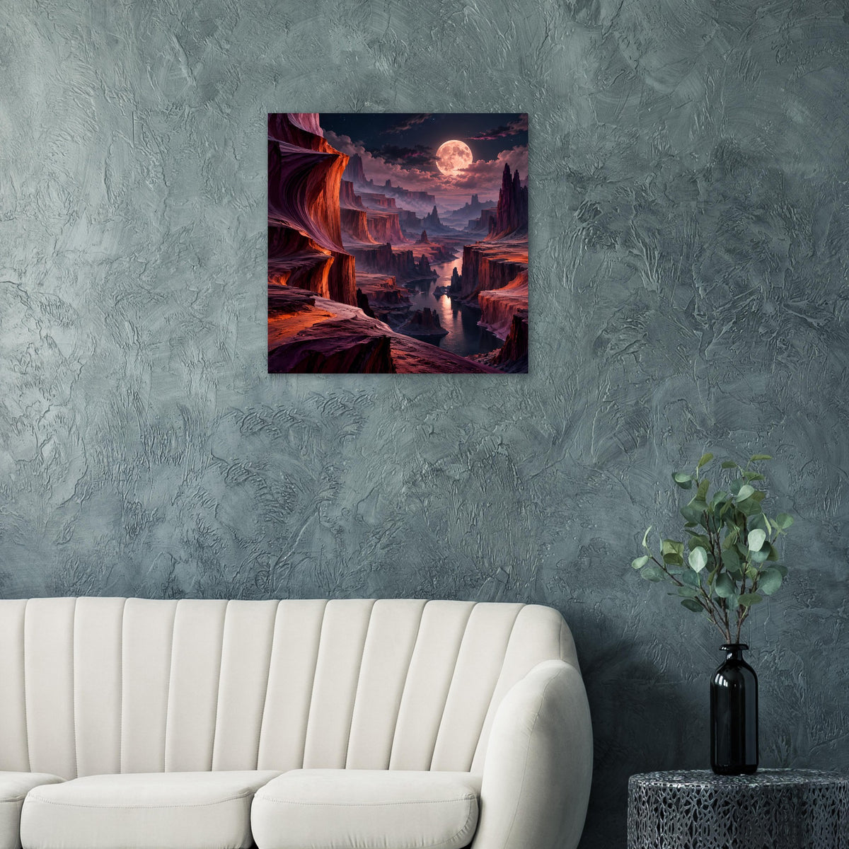 Quadratisches Landschaftsposter im schwarzen Rahmen mit roter Felskulisse, Fluss und Vollmond
