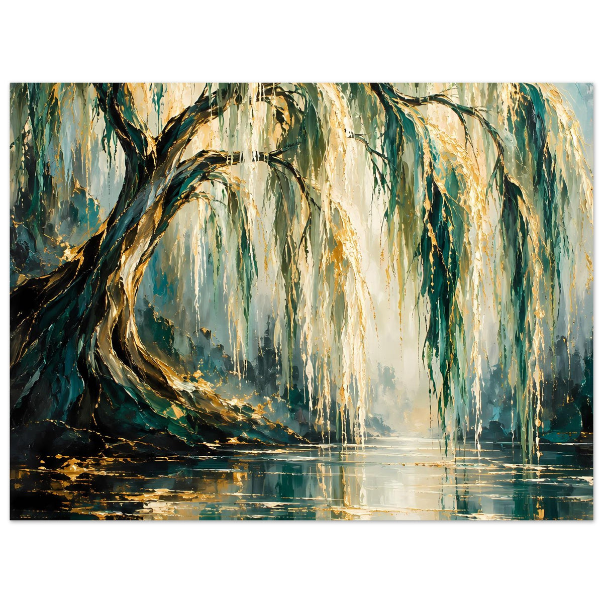 Horizontales Poster mit Weidenbaum und goldenen Reflexen im Wasser, grünliche Partien.