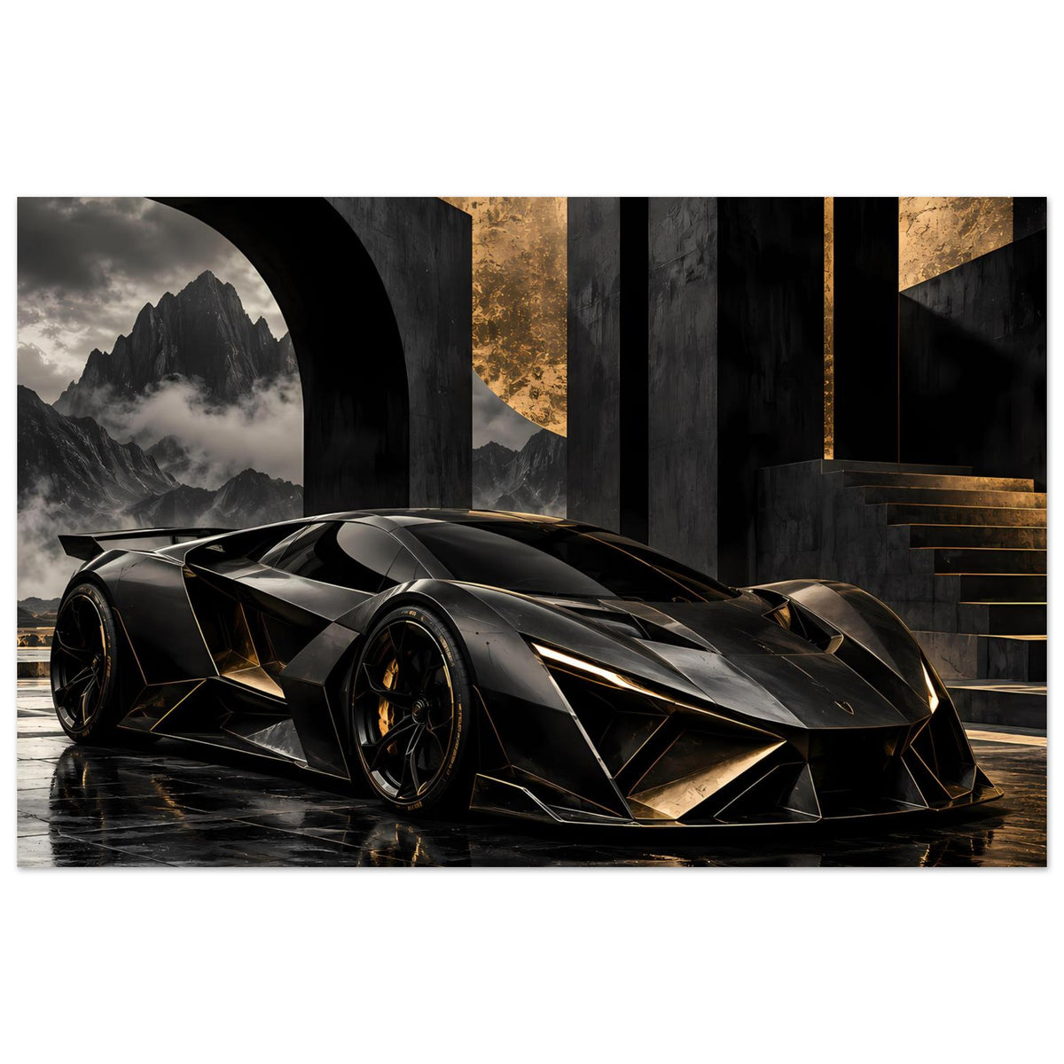 Autoposter-Poster: futuristischer Supersportwagen, schwarz mit goldenen Akzenten, Front-3/4