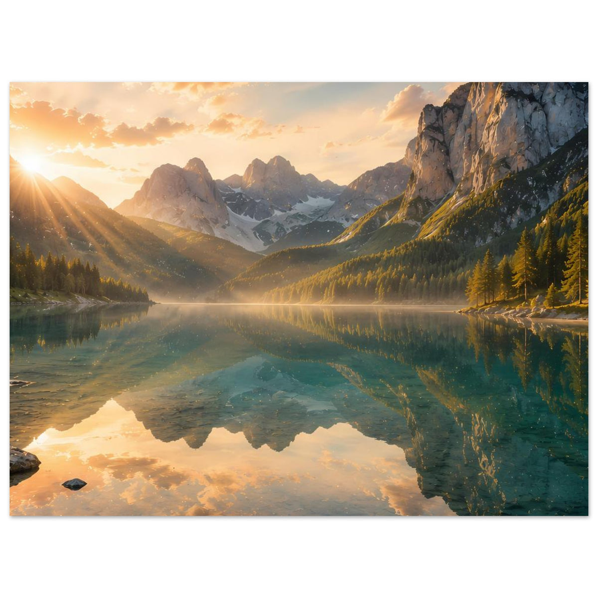 Horizontales Poster mit ruhigem See, Bergen und warmem Sonnenlicht