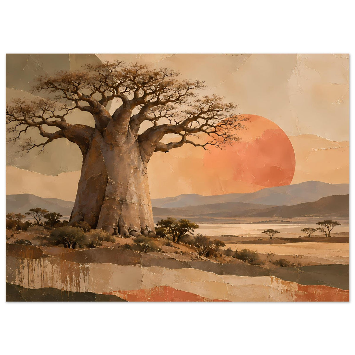 Naturposter mit Baobab-Baum, warmen Erdtönen und orangefarbener Sonne über der Ebene