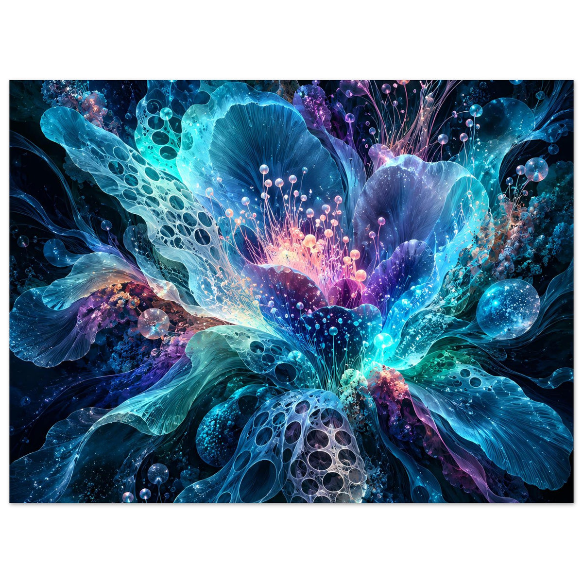 Querformatiges Blumenposter mit leuchtenden Blüten und funkelnden blauen Kugeln
