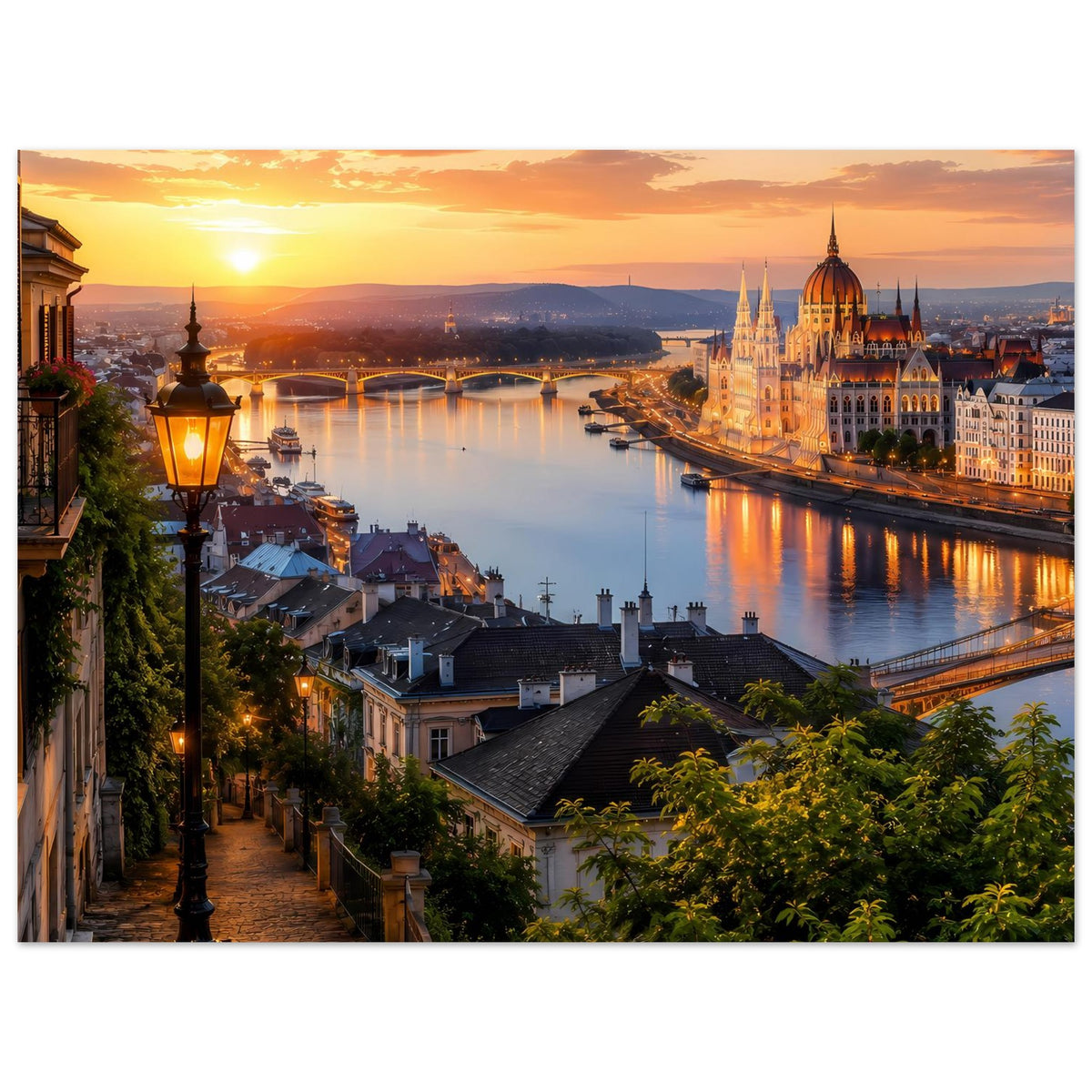 Poster im Querformat: historische Türme am Fluss bei Sonnenuntergang im warmen Licht