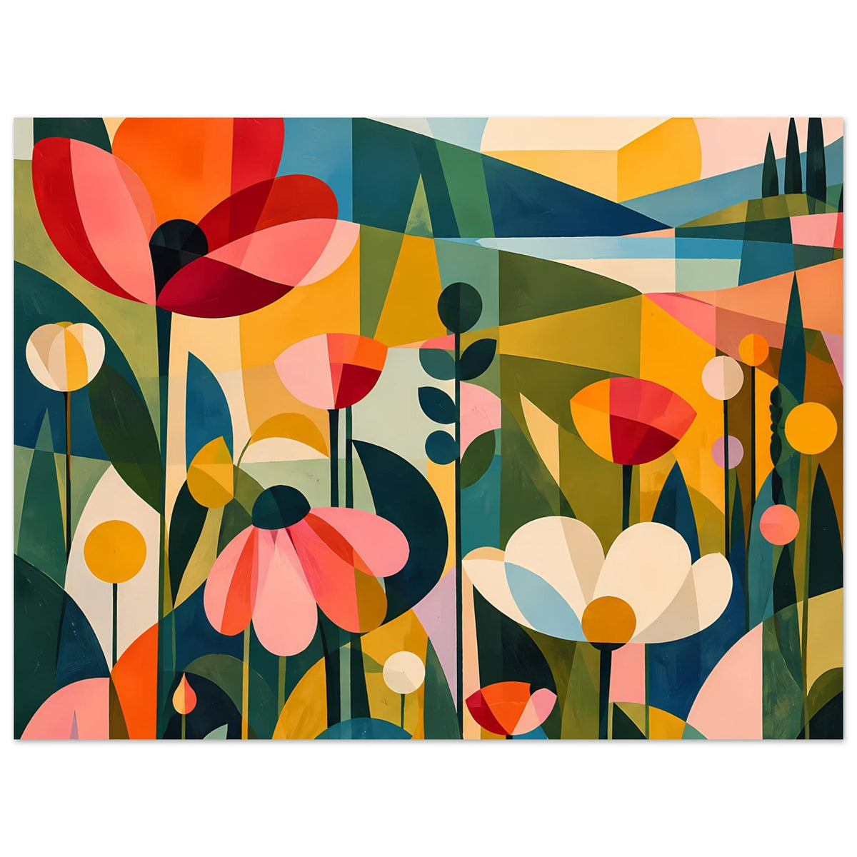 Abstraktes Blumenposter im Querformat: farbenfrohe Blumenlandschaft mit Sonne und Punkten