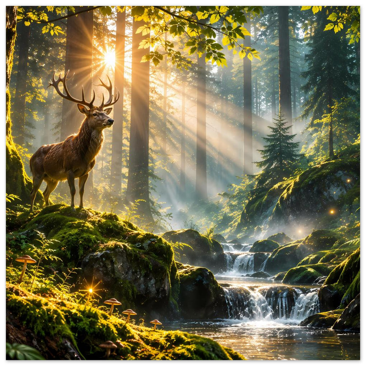 Waldposter mit Hirsch, goldenen Sonnenstrahlen durch Blätter und Wasserfall im Tal