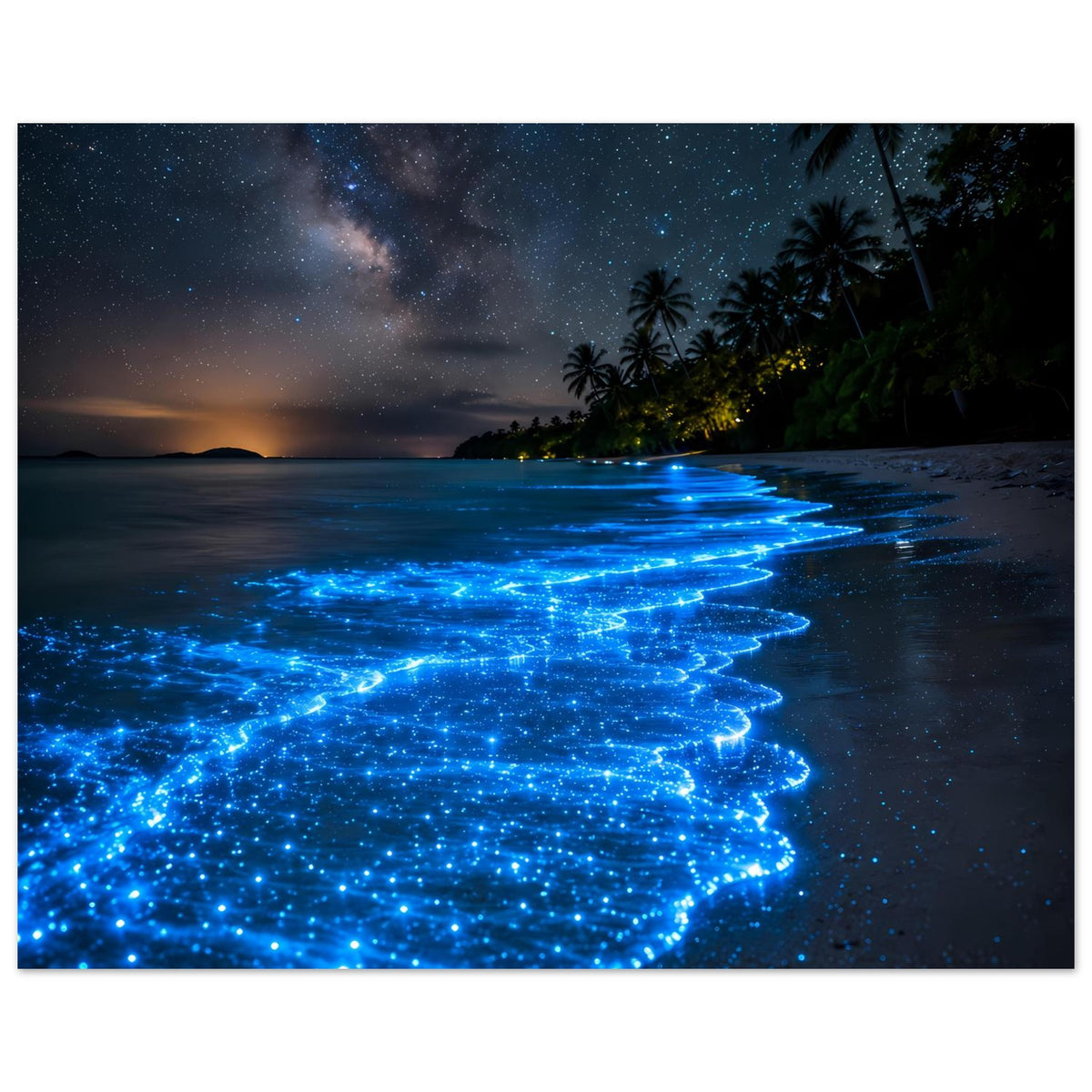 Biolumineszenz-Strandposter: blau glühender Uferbereich mit feinen Lichtpunkten im Wasser