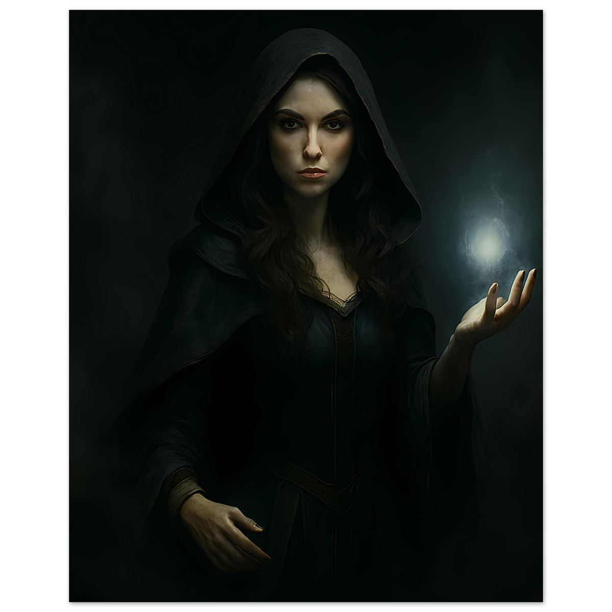 Fantasy-Poster im Hochformat: Zauberin in dunkler Kapuze, ruhiger Blick, Hand mit leuchtendem Licht