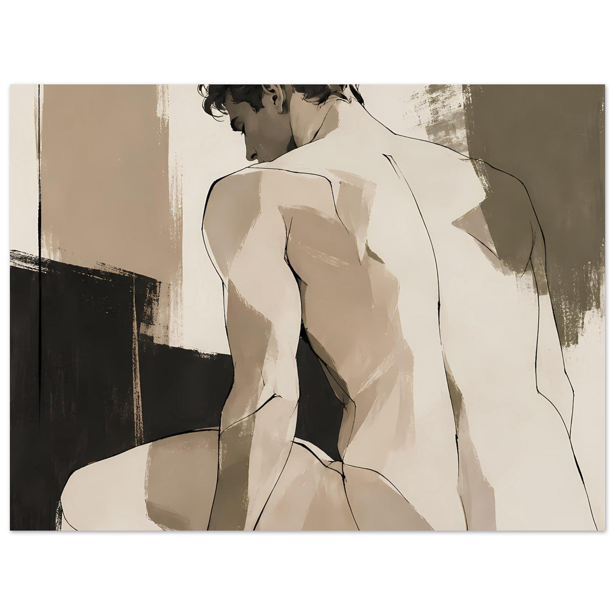 Kunstposter mit Nahansicht der Aktfigur Rückenansicht, sepiafarbene Pinselstriche