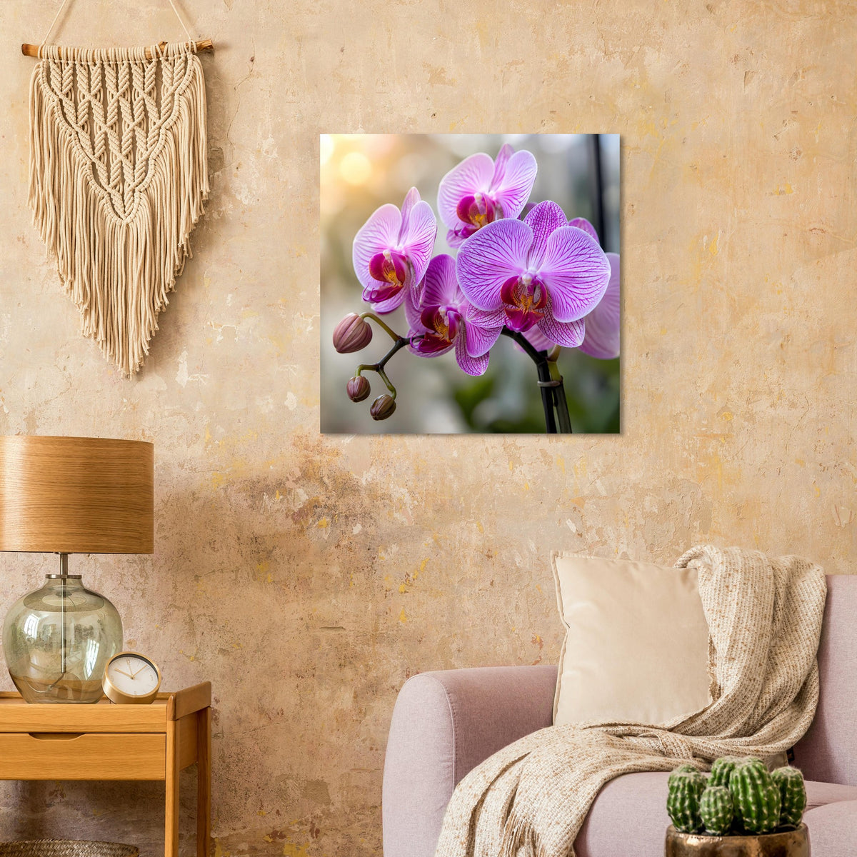 Orchideen-Poster mit pink-violetten Orchideenblüten und blass grünen Blättern