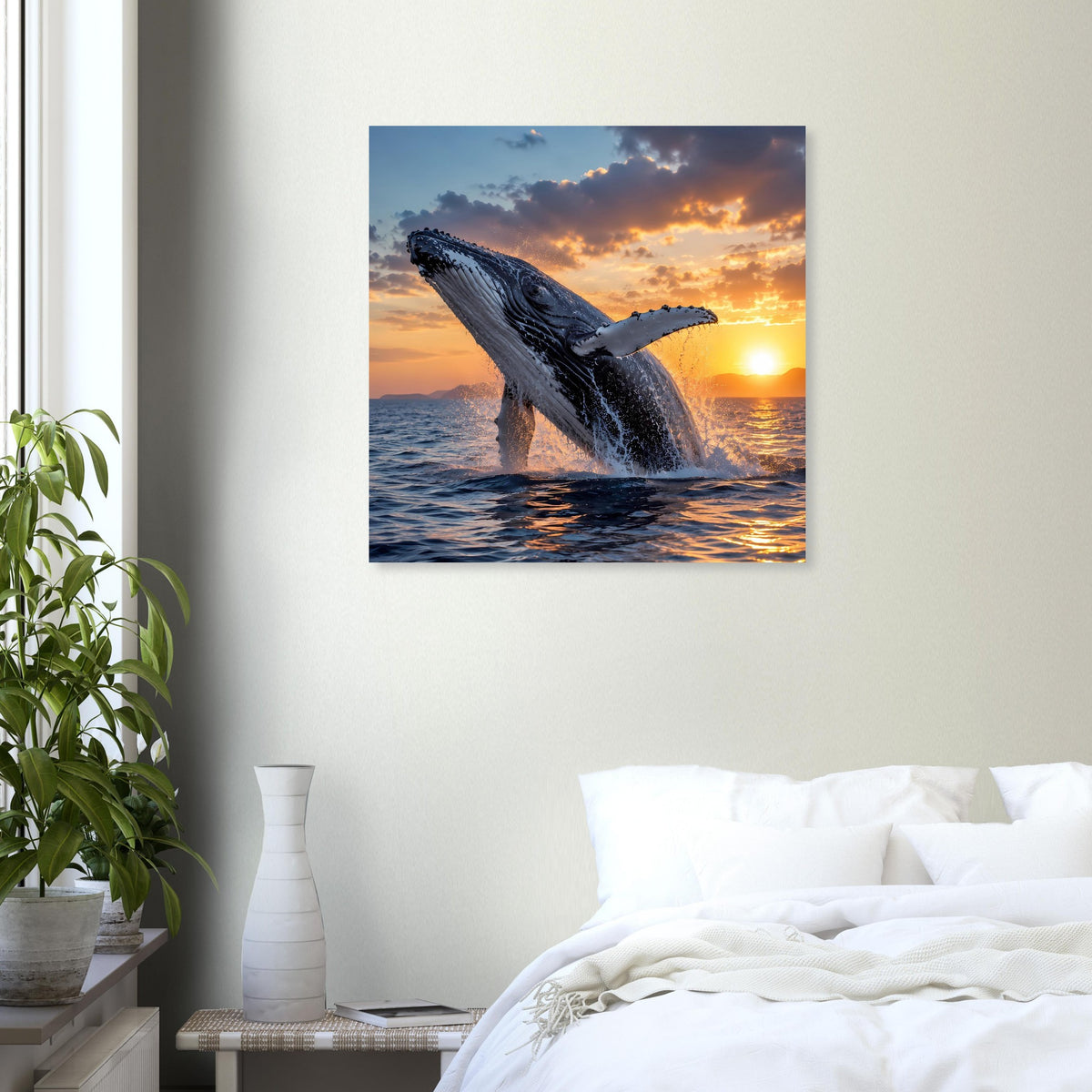 Quadratisches Wal-Poster: Wal springt aus dem Wasser bei Sonnenuntergang.