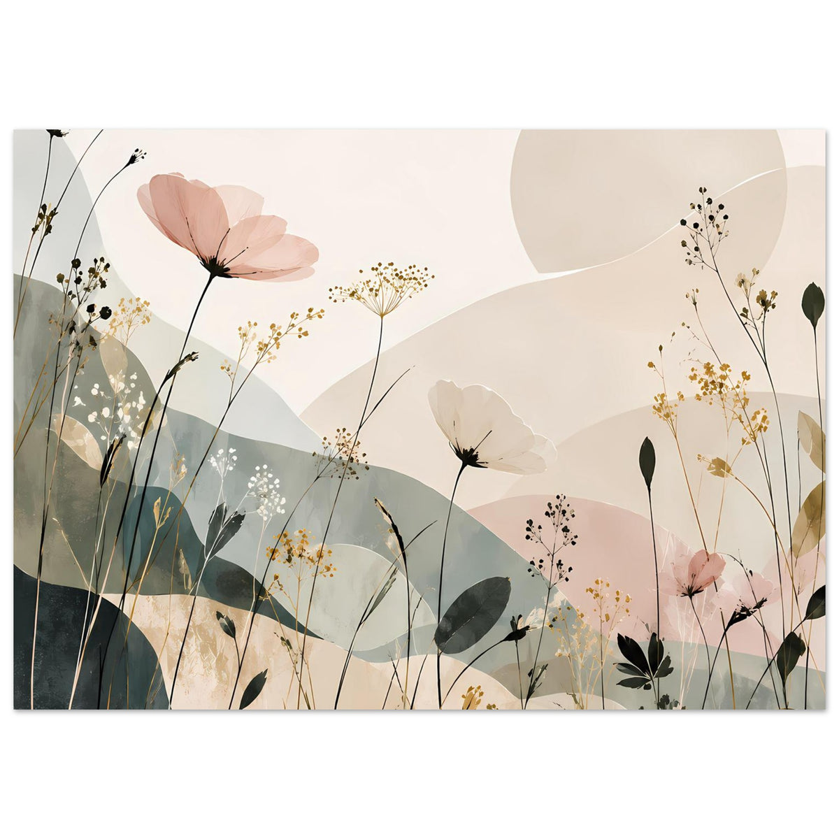 Blumenposter im Querformat mit großer Pastellblüte, Gräsern, kleinen Blütenpunkten und weichen Formen