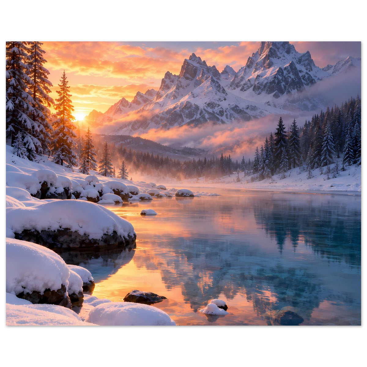 Winter-Panoramaposter (Querformat) mit verschneitem Vordergrund, Bergkette, Nebelzug und See