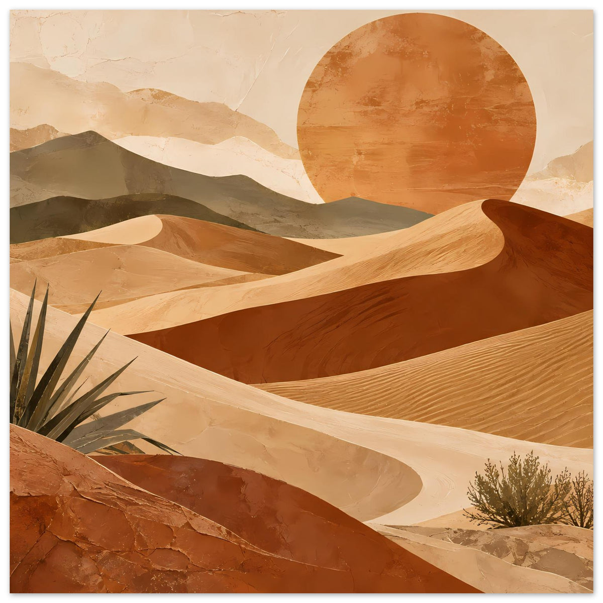 Poster mit Wüstenlandschaft: warme Sanddünen, große Halbsonne, Pflanzen links und rechts