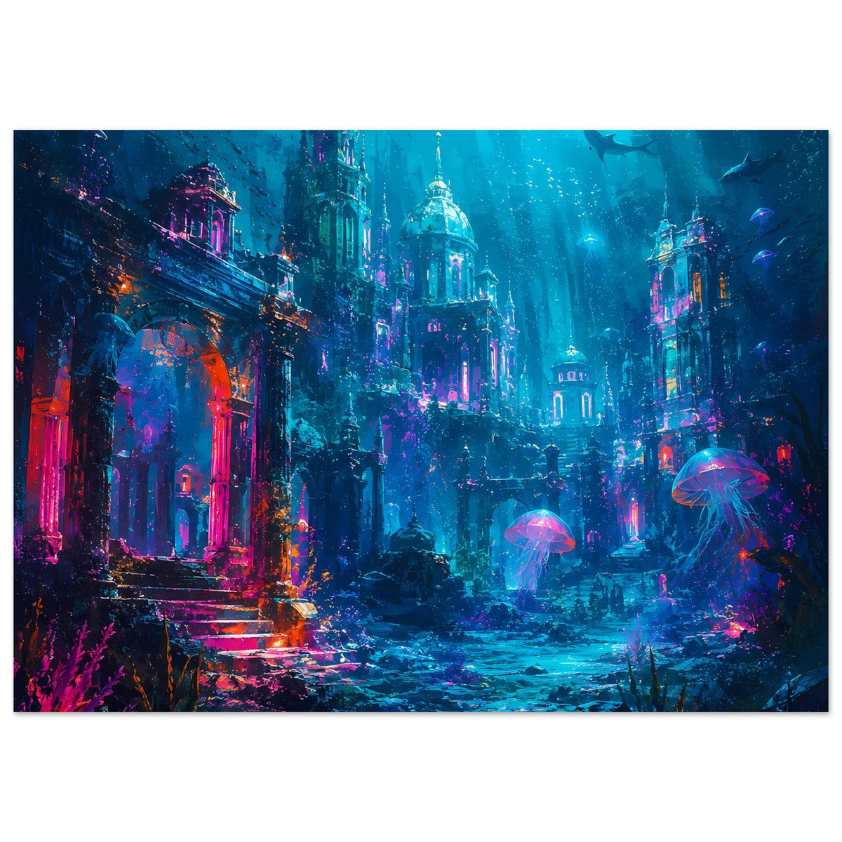 Fantasy-Unterwasserposter mit versunkener Stadt, leuchtenden Quallen, Gebäude und Fische