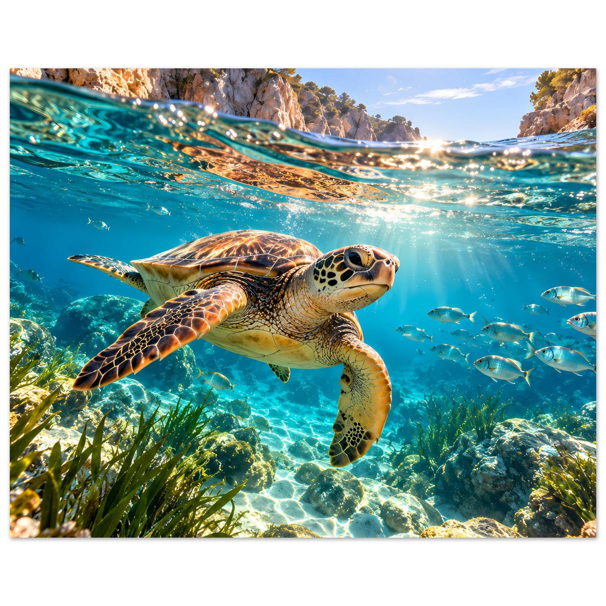 Meeresschildkröten-Premiumposter im Querformat: Schildkröte nahe der Wasseroberfläche